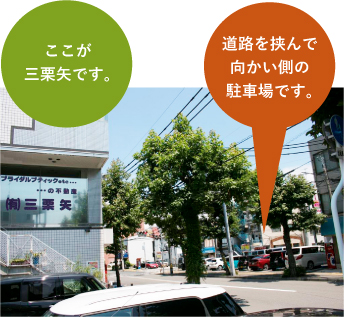 ここが 三栗矢です。道路を挟んで 向かい側の 駐車場です。